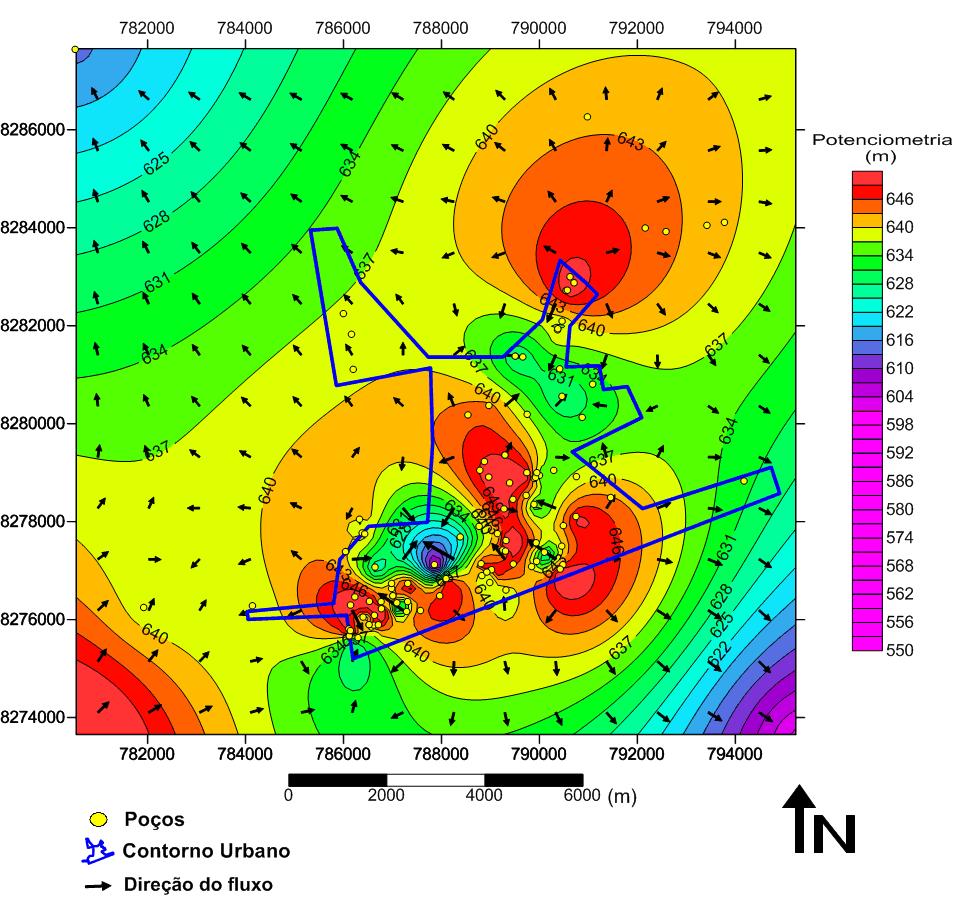 67 A potenciometria (Figura 28) mostra a direção do fluxo subterrâneo convergindo em dois sentidos principais, um para NW e outro para SE.