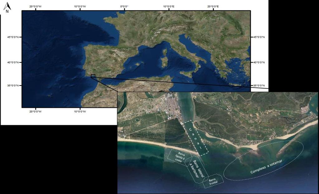 Capítulo 3: Enquadramento da área de estudo O estuário do rio Guadiana encontra-se localizado na fronteira mais a sul entre Portugal e Espanha (Figura 3.1).