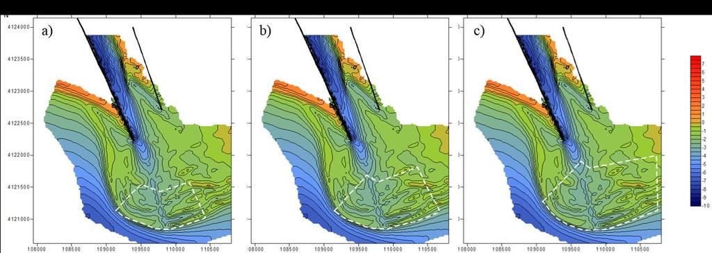 Figura 4.6 - Mapa batimétrico de 2015 com a representação do polígono barra frontal 1 (a), do polígono barra frontal 2 (b) e do polígono barra frontal 3 (c).