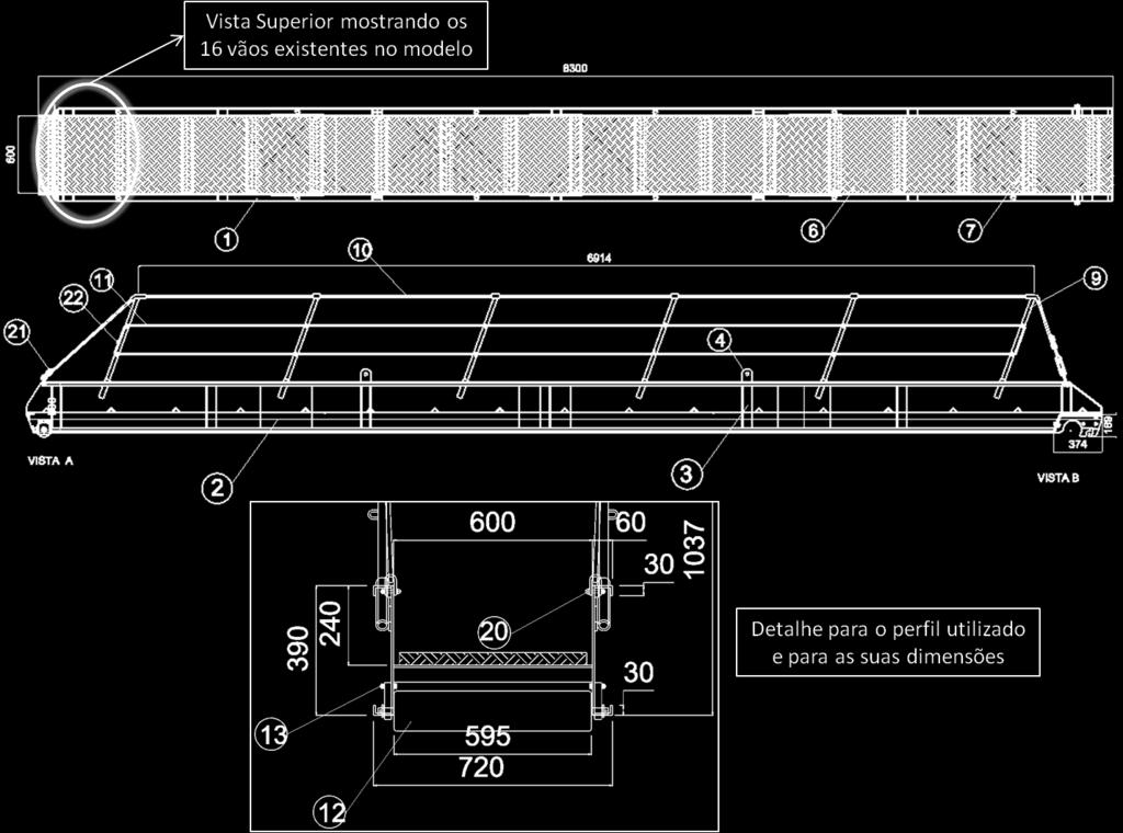 O modelo CAD 3D, desenvolvido pela ESSS, foi utilizado em uma análise estrutural estática linear, onde foi aplicada uma força no piso da