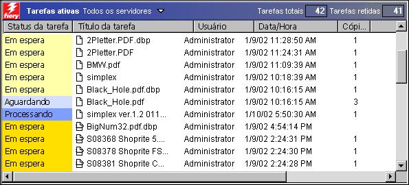 2-4 Introdução à Command WorkStation e à Command WorkStation LE Janela Tarefas ativas A janela Tarefas ativas exibe dinamicamente o status e as informações de comanda de tarefas de impressão que