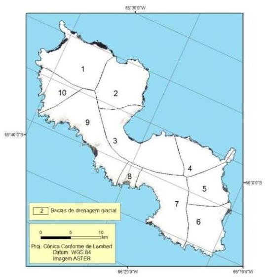 Figura 2 Figura 02: Bacias de drenagem glacial da ilha Renaud - Antártica CONSIDERAÇÕES FINAIS: A maiores dificuldades apresentadas para a delimitação de bacias de drenagem glacial para a ilha Renaud