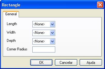 3.2.5 Retângulo Menu: Geometry < Rectangle Toolbar: Design Caixa de diálogo Rectangle Length comprimento Width largura Depth profundidade (eixo Z) Corner Radius raio de canto Figura 28.