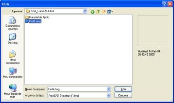 Exemplo para abrir um arquivo do AutoCAD: Menu: File < Open Figura 44. Caixa de diálogo do comando abrir o EdgeCAM. Em tipo de arquivo está configurado para AutoCAD Drawing.