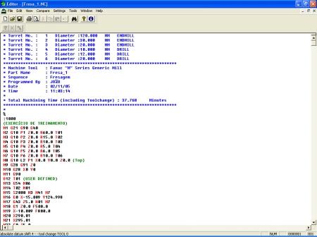 Veja na Figura 107 a janela do Editor com o programa CNC da peça. O programa está de acordo com a linguagem FANUC. Figura 107. Interface do Editor de programas CNC que acompanha o EdgeCAM.