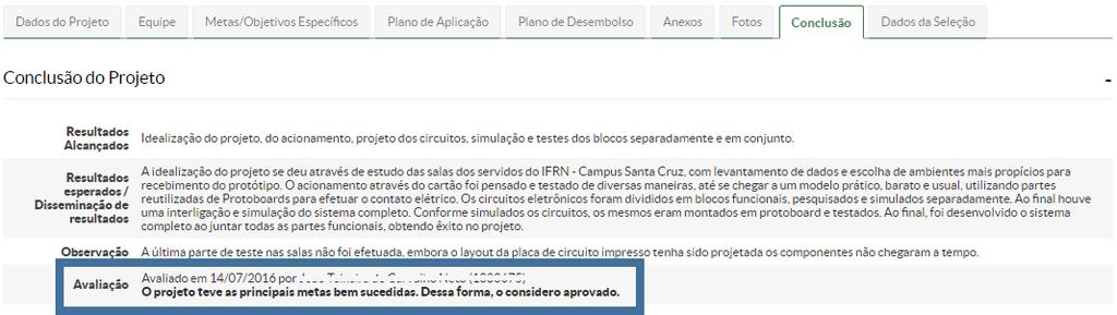 Figura 25 Tela de acesso para o preenchimento do parecer final sobre o projeto de pesquisa.