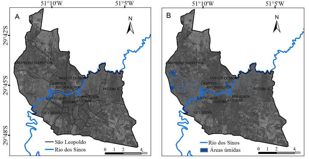 Figura 3 - Imagem de NDWI de 08/09/1993, áreas úmidas na planície de inundação, município de São Leopoldo - RS. Figura 4 - Imagem de NDWI de 01/10/2007, área inundável, município de São Leopoldo - RS.