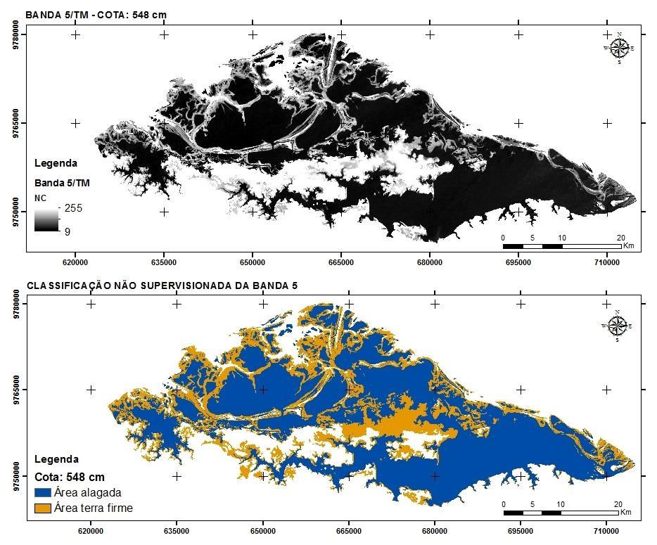 A extração da informação de área da planície inundada se baseou na classificação não supervisionada da banda 5 (Figura 4) com faixa espectral entre 1,55 a 1,77 µm.