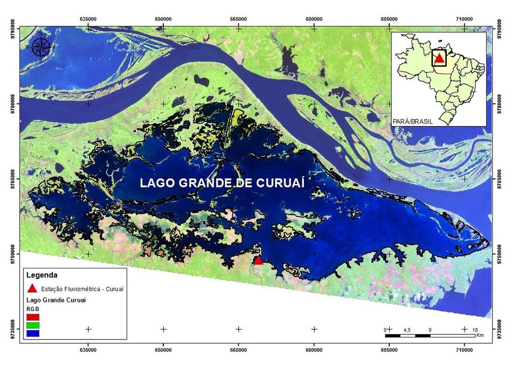 Figura 1. Localização do Lago Grande de Curuai. A planície é formada por mais de 20 lagos que são interligados por canais de comunicação mantidos no ciclo hidrológico.