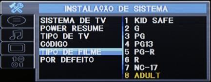 Power Resume: Configura para que o DVD volte a reproduzir onde foi parado, podendo alternar entre ON e Desligado, sendo a configuração padrão ON.