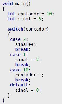 23 switch Comando: switch Exemplo: No exemplo, a variável contador será comparada àsconstantes2,1e10.