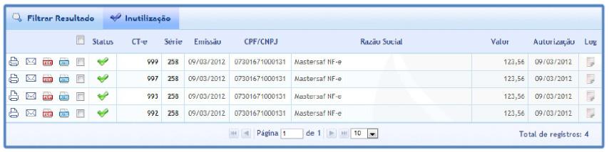 O ícone permite a impressão do espelho do DACTE; O ícone permite o envio do DACTE e XML do CT-e