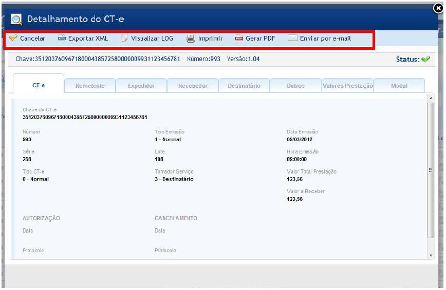 VISUALIZAR DETALHES DO CT-E Para visualizar os detalhes de um CT-e, basta clicar sobre o CT-e que deseja visualizar e abrirá a tela com os detalhes.