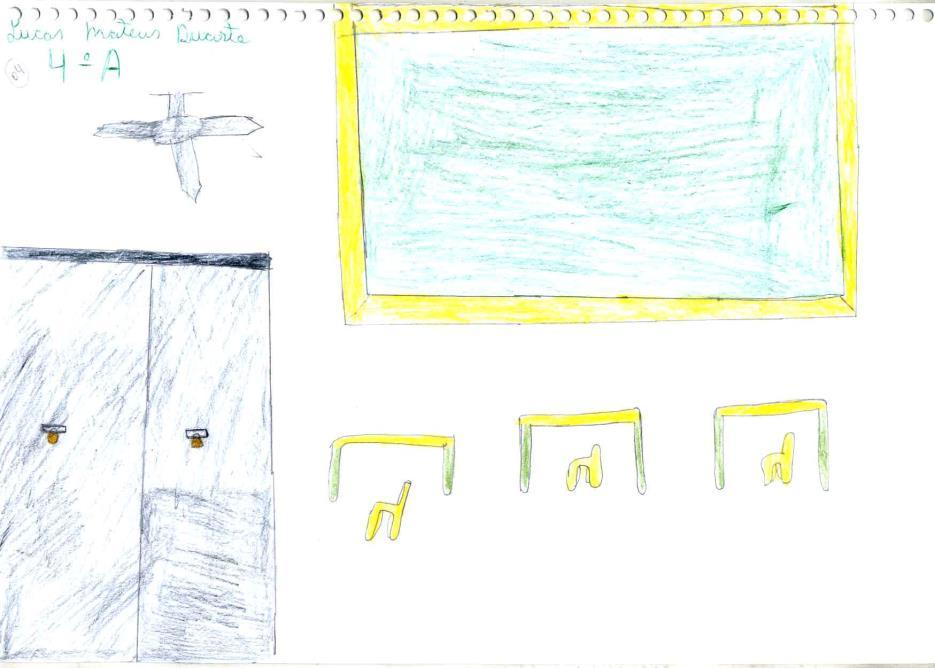 (Desenho 3) Em outras ilustrações a perspectiva utilizada pela criança autora do desenho, coloca o quadrogiz em grande evidência, enfatizando a importância atribuída ao recurso no ensino, conforme
