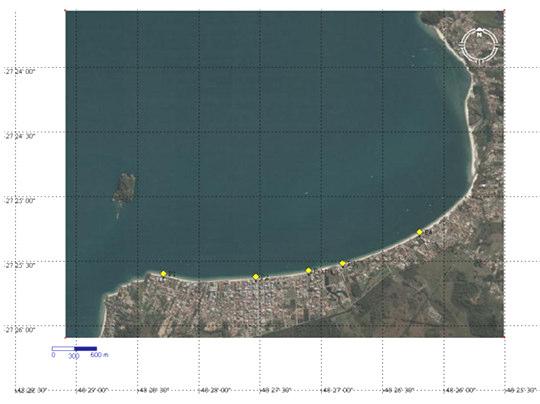 A B P1 P2 P EXTRA P3 P4 Figura 2. a) Localização dos Perfis. Imagem: Google Earth e Trackmaker (Lat/Long). b) Localização das amostras de sedimento no Perfil de praia.