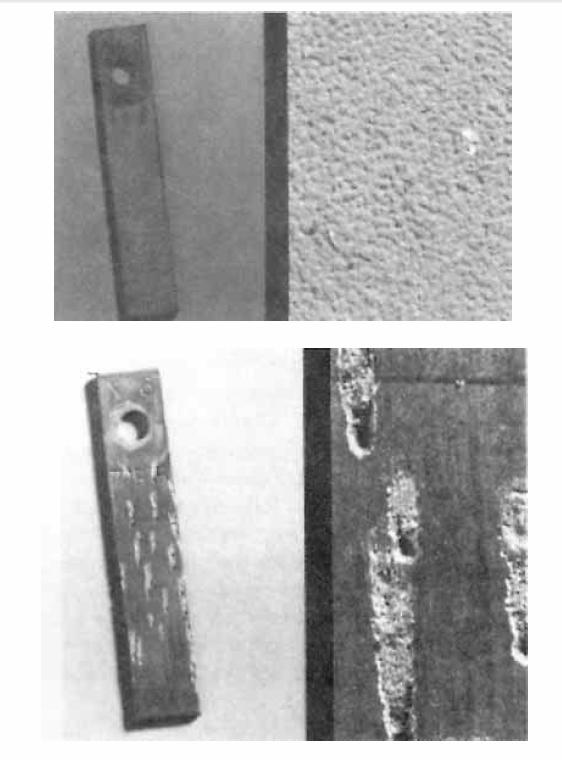 O metal vai sendo perfurado e podem surgir falhas em curto tempo. Na Figura 3, são mostrados exemplos de ambos os tipos de corrosão. Figura 3 Exemplo de corrosão generalizada e pitting.