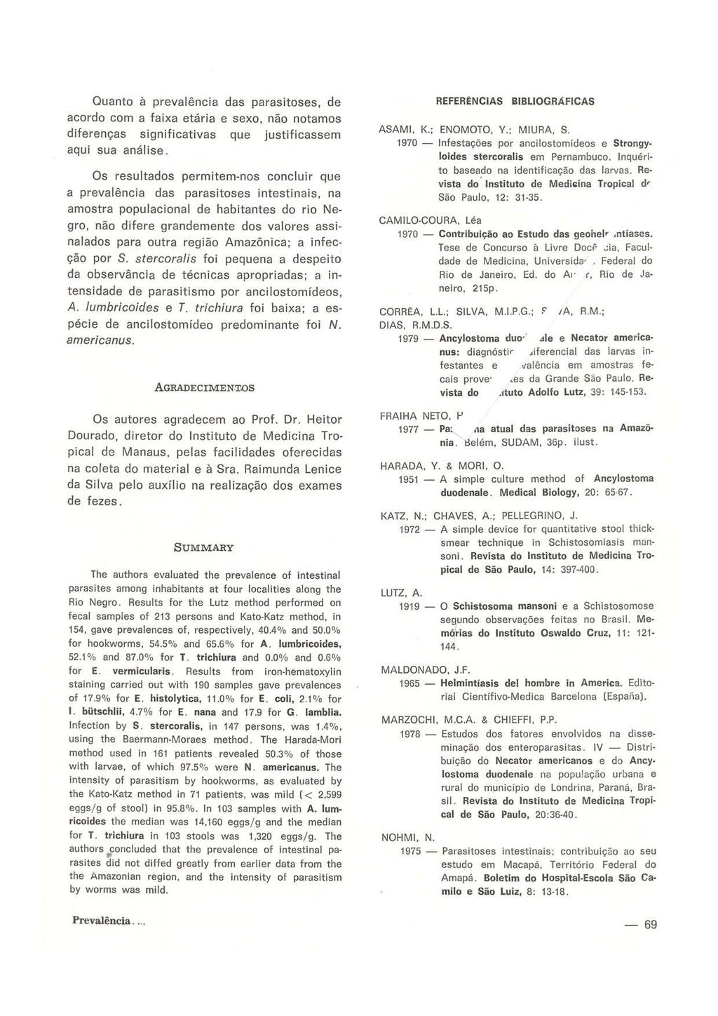 Quanto à prevalência das parasitoses, de acordo com a faixa etária e sexo, não notamos diferenças significativas que justificassem aqui sua análise.