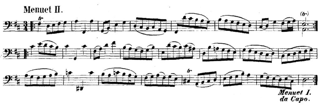 DIREÇÃO E MOVIMENTO EM SOLFEJOS TONAIS Figura 4: Minueto II da Suíte n. 2 em Ré menor, BWV 1008, para violoncelo de J. S. Bach, cc. 1-8, Bach-Gesellschaft Ausgabe, Band 27.1. À maneira de Forte & Gilbert (1982, p.