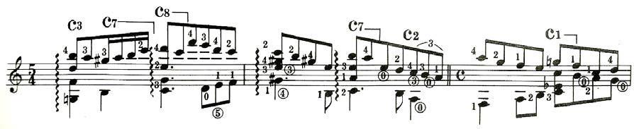 36), temos uma seção de transição. Nesse momento, o ritmo natural da música leva para um aceleramento do andamento através das semicolcheias que aparecem pela primeira vez e pelo uso das tercinas.