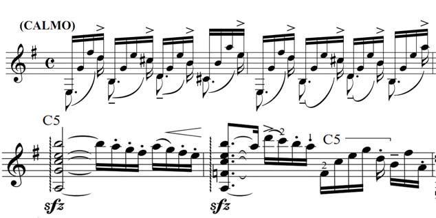 66 sétima casa. Outra possibilidade de execução seria tocar o Si em harmônico (12ª casa, 2ª corda), evitando alterar a nota grave.