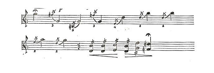 79 Nas linhas sete e oito (Fig. 61), são pedidos vários glissandos e os números das cordas são indicados.