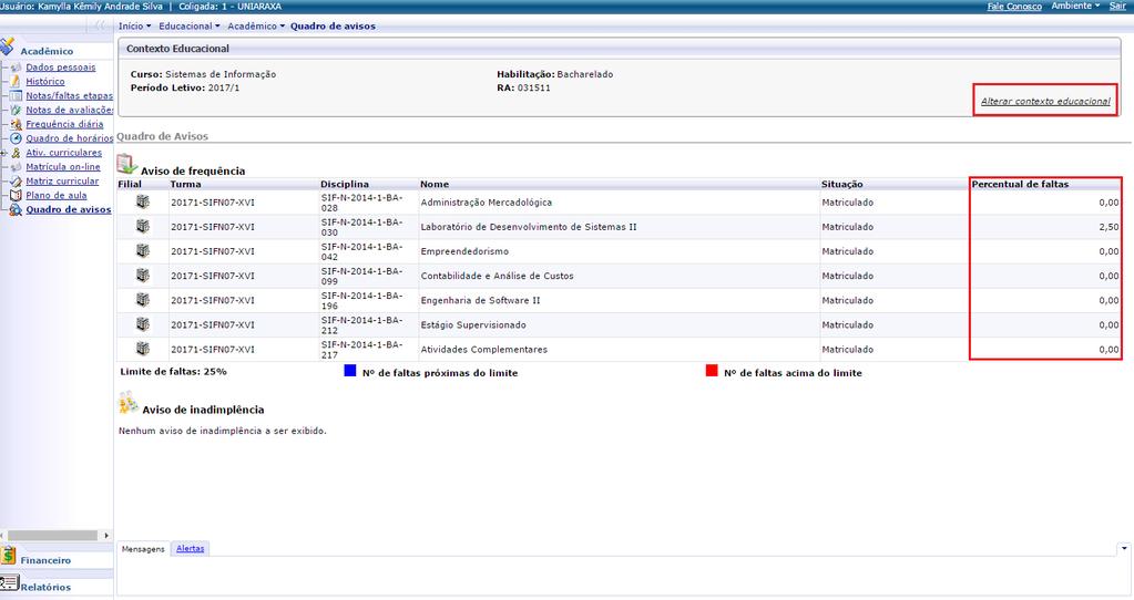 Nesta tela é possível visualizar o Percentual de Faltas nas disciplinas, conforme mostra a