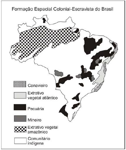 Questão 3 A figura ao lado, a despeito de apresentar a delimitação territorial atual do Brasil, representa a formação espacial colonial-escravista brasileira na passagem do século XVIII para o século