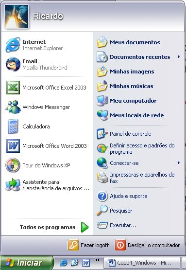 Menu Iniciar O ponto de início do trabalho com o sistema operacional Windows XP é, normalmente realizado através do menu Iniciar, para ativar este menu basta clicar uma vez no ícone e o seguinte menu