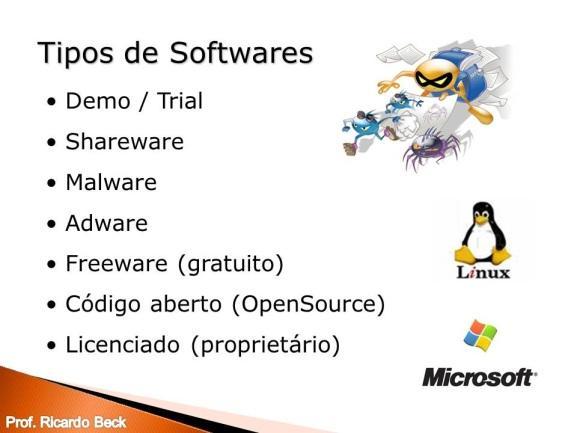 Software e Sistema Operacional Windows Software Precisamos ficar atentos quanto à questão da licença de uso, observe: Classificação Demo ou Trial Shareware Malware Descrição Versão do software para