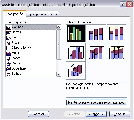 Através desta opção é iniciado o assiste de gráfico que permite a criação de uma gráfico dos dados selecionados da planilha.