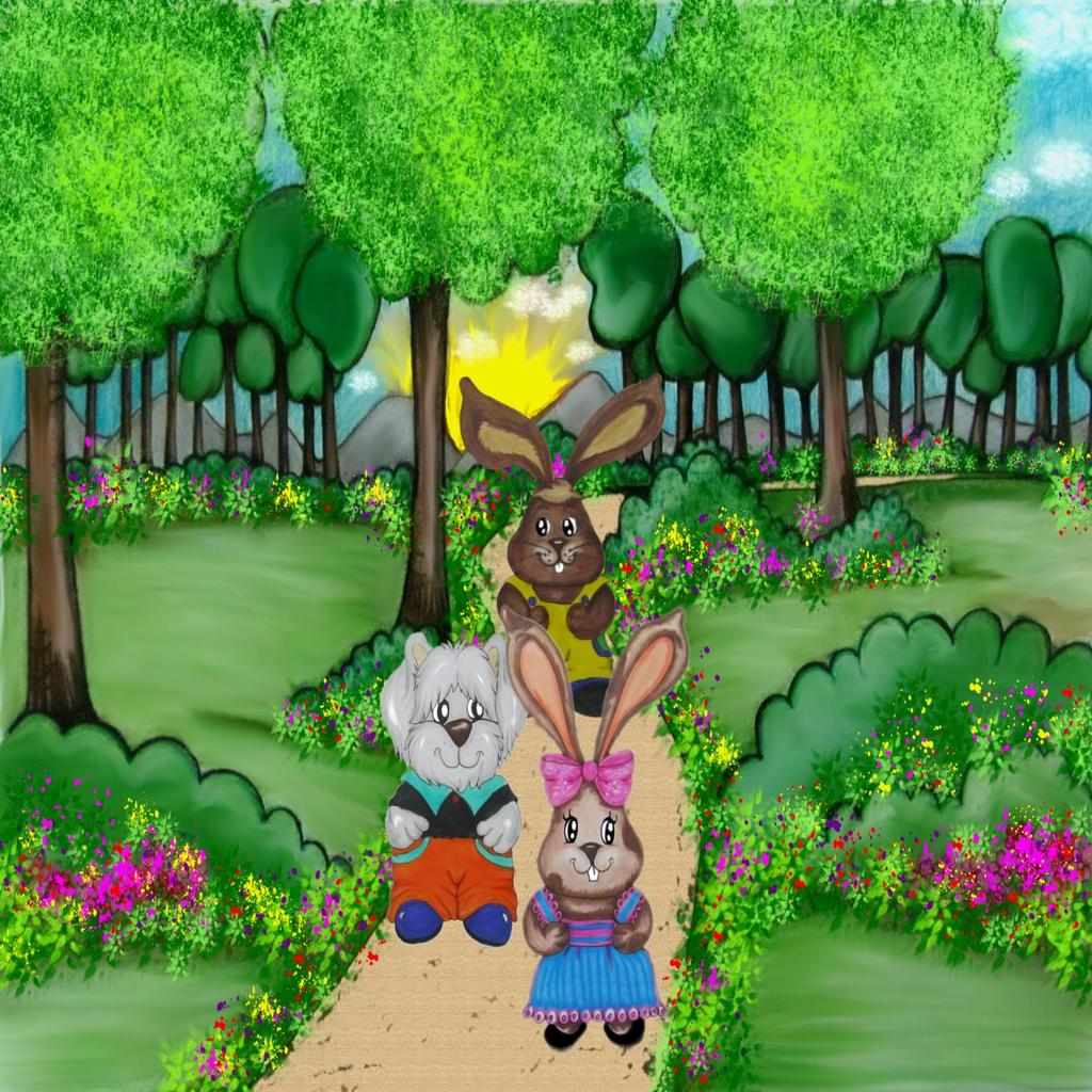 Os três amiguinhos seguiram pela estrada e logo atravessaram o jardim das flores e chegaram à Lagoa de