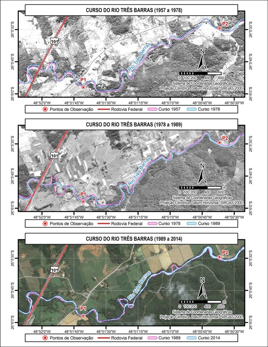 Figura 2 - Fases de reconformação do traçado de trecho do rio Três Barras.