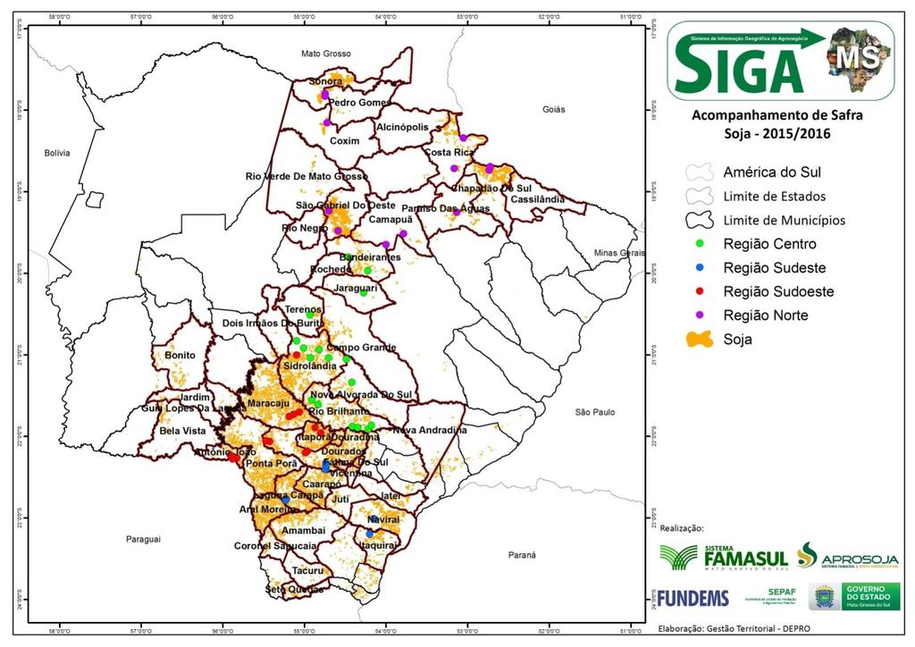 Mapa 1: municípios visitados de 25 a 28 de janeiro de 2016 Fonte: APROSOJA-MS Elaboração: DEPRO-Gestão Territorial Nos gráficos 1 e 2 a seguir, pode ser verificada a evolução da colheita da soja, nas