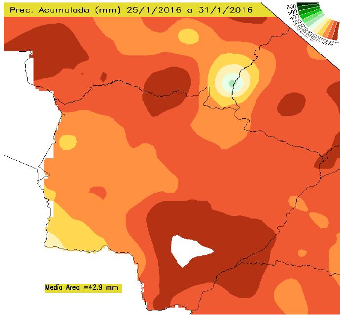 PRECIPITAÇÃO PLUVIOMÉTRICA ACUMULADA PARA O MATO GROSSO DO SUL Entre os dias 25 e 31 de janeiro de 2016, verifica-se, na figura 1, que ocorreram precipitações em quase todo o estado, atingindo de 1mm