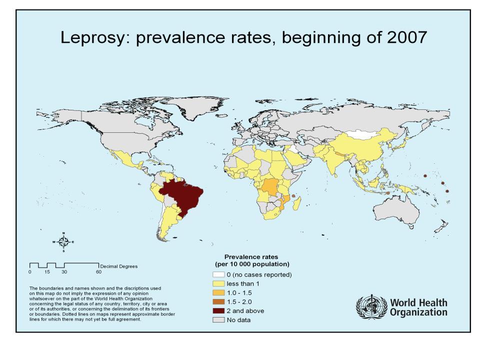 15 Figura 1: Hanseníase Taxas de prevalência no início de 2007. Fonte: WHO (2007). No Brasil, há diferenças significativas na distribuição da doença entre os Estados.