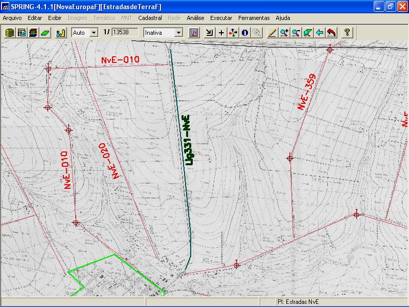 tela do SPRING, uma ampliação da base cartográfica que permite recuperar informação sobre características de curvas