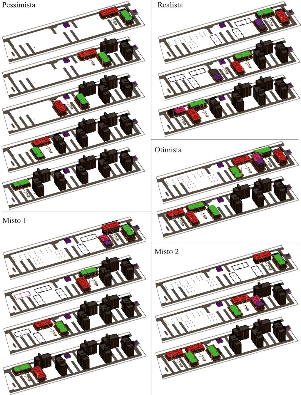 144 Figura 101: Cenários simulados para o empreendimento N1 e localização dos elevadores cremalheiras.