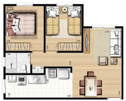 Todos os apartamentos são de tamanho único, com dois dormitórios, sala, cozinha e banheiro, com aproximadamente 47 m² de área privativa.