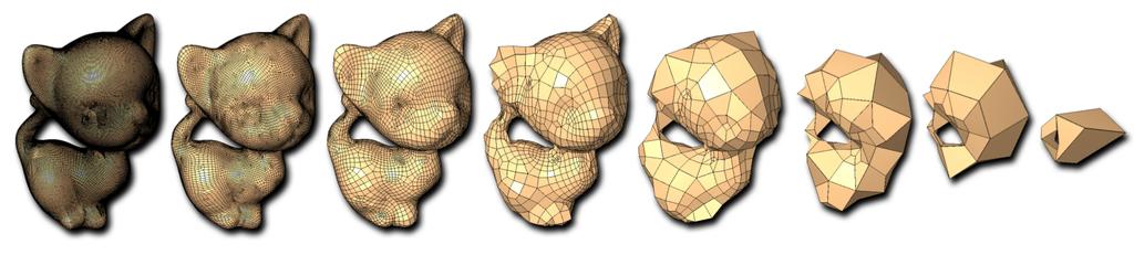 Malhas de quadriláteros Figura 2.16: Exemplo de simplificação de uma malha com níveis de detalhe decrescentes e preservação da topologia do objeto [11] em uma malha está apresentada na figura 2.