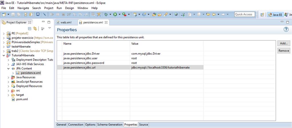 Figura 4: propriedades de conexão com o Banco de Dados Ainda no persistence.xml, agora no menu Conection, deve-se definir qual o cenário de execução do projeto(local ou outro).