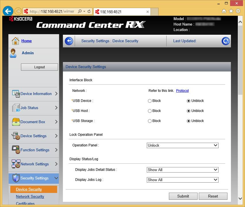 Instalar e configurar a máquina > Command Center RX 2 Configure as definições de segurança.