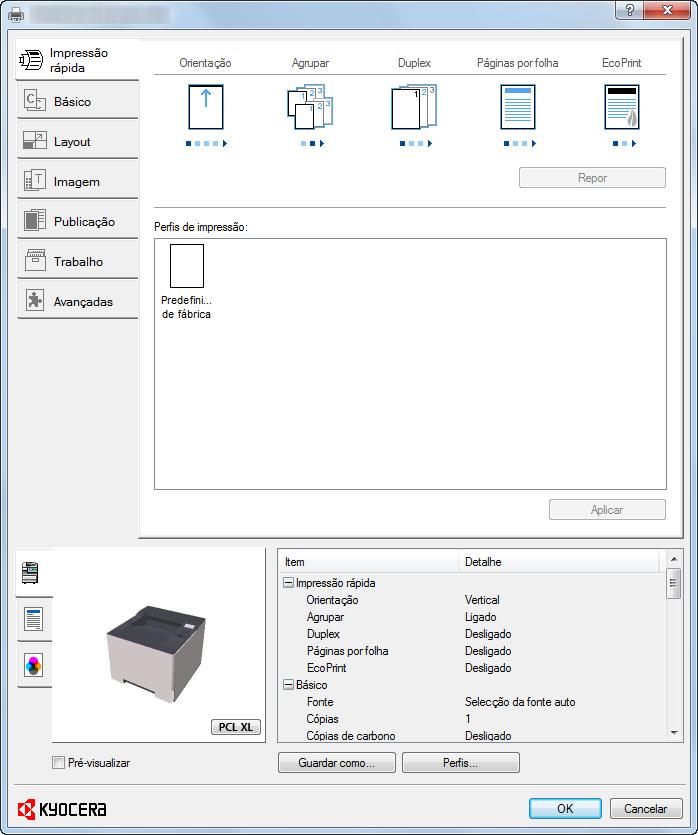 Imprimir a partir do PC > Ecrã de Propriedades do Controlador da Impressora Ecrã de Propriedades do Controlador da Impressora O ecrã de propriedades do controlador da impressora permite-lhe
