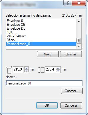 Imprimir a partir do PC > Imprimir a partir de PC 3 Clique no botão [Novo]. 3 4 5 7 6 4 Introduza o tamanho do papel. 5 Introduza o nome do papel.