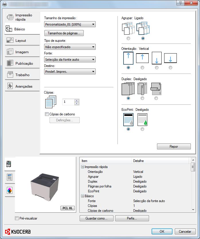 Imprimir a partir do PC > Imprimir a partir de PC 4 Seleccione o tamanho e o tipo de papel de tamanho nãopadronizado. 1 Seleccione a máquina no menu "Impressora" e clique no botão [Propriedades].