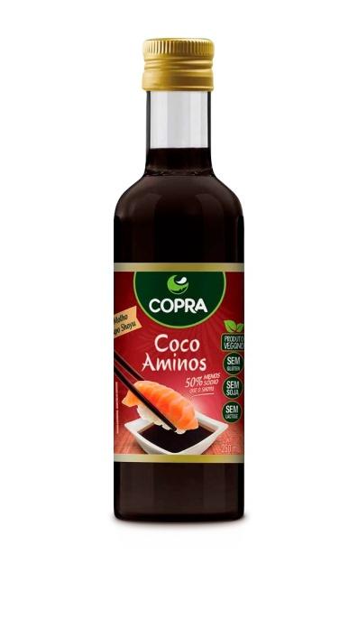 Centro de Exposições Frei Caneca/SP O Coco Aminos, exclusividade da Copra para o mercado nacional, é um molho vegano, reduzido em sódio, sem soja, zero lactose, zero glúten, contém aminoácidos, sem
