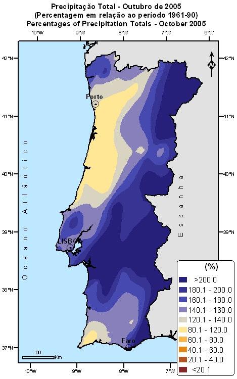 3. Precipitação Os valores da quantidade de precipitação no mês de ubro variaram entre 89 mm em Faro e 337 mm em Ponte da Barca (Figura 4) e foram muito superiores aos respectivos valores médios em