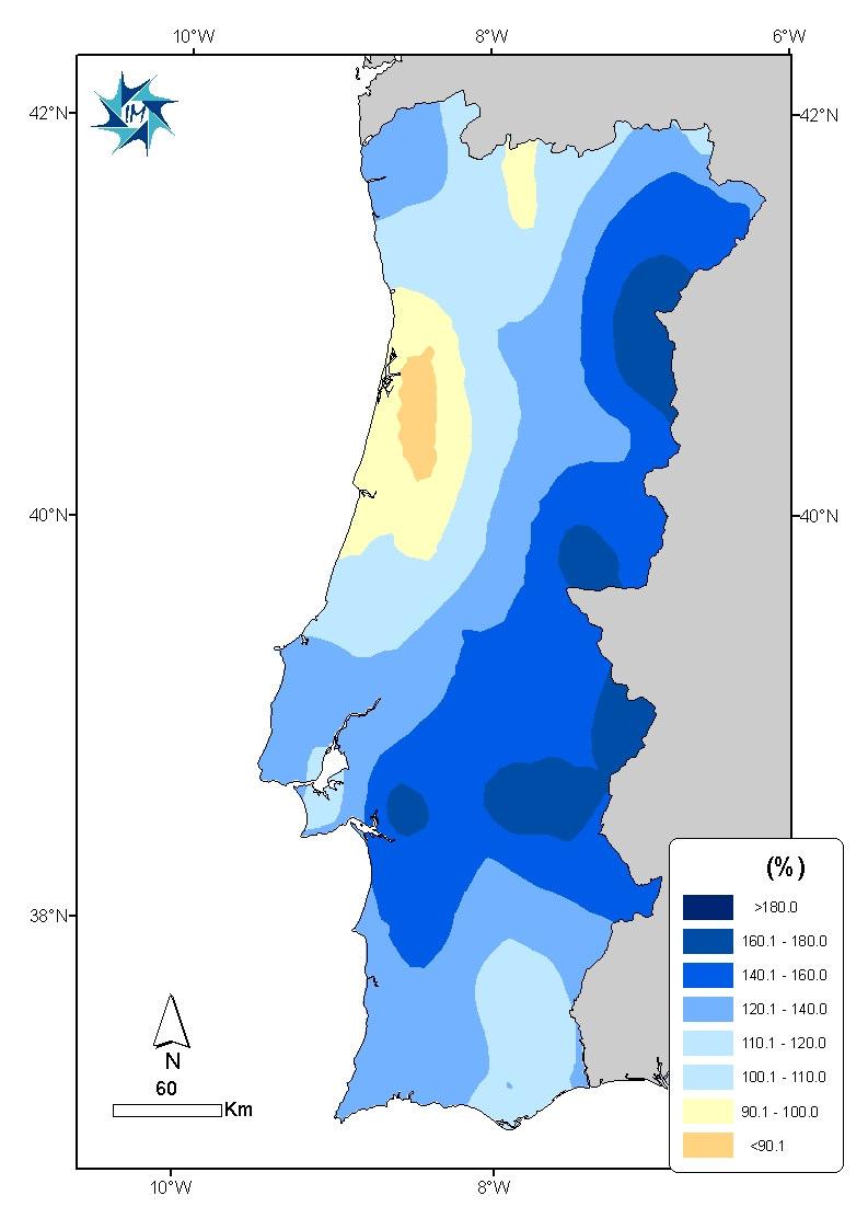 Precipitação desde 1 de embro 25 Os valores da quantidade de precipitação desde 1 de embro de 25 até 31 de ubro 25 (Figura 5) variaram entre 8 mm em Sagres e 373 mm em Ponte da Barca.