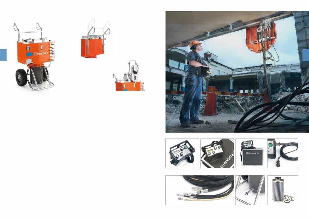 Husqvarna PP 455 E. As pegas são ajustáveis em altura. A unidade pode ser transportada e operar na posição horizontal apoiada sobre as pegas.