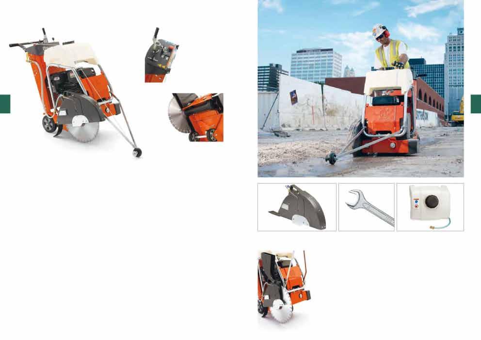 Husqvarna FS 400 series. Painel de comando com comando de aceleração, interruptor de paragem de emergência, taquímetro, contador de horas e indicador da profundidade de corte.