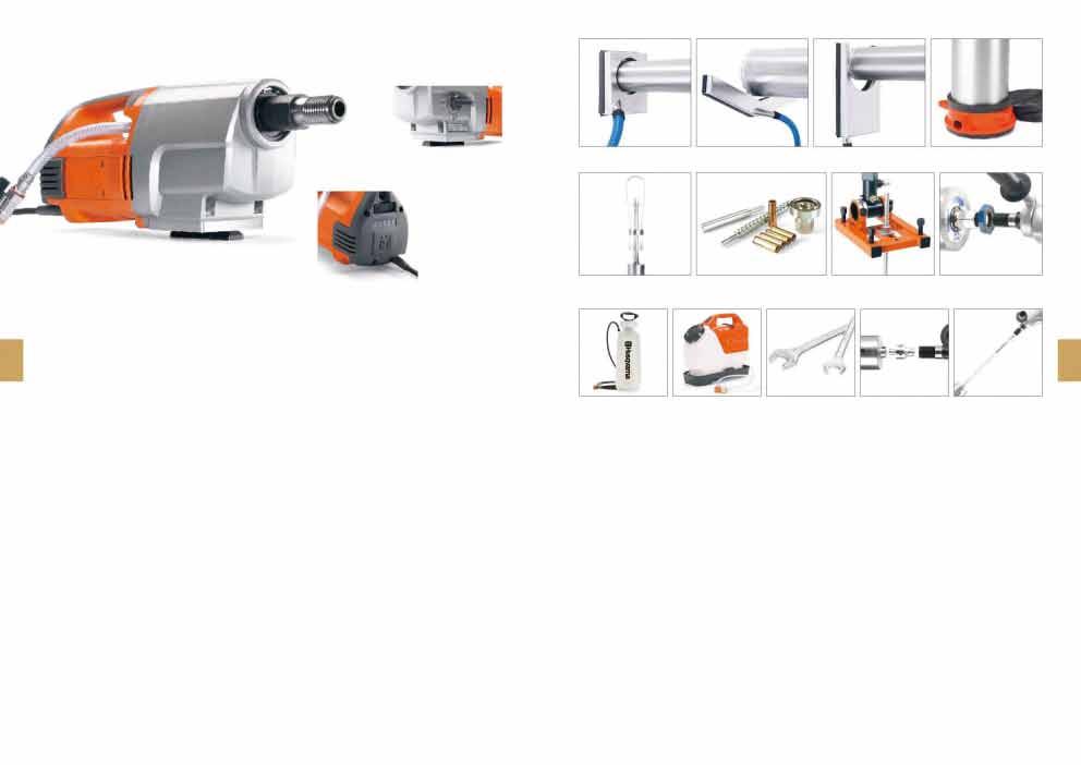 Sistema de perfuração Husqvarna DM 340. A B C D Transmissão com três velocidades e arrefecimento por água para optimizar a perfuração. Uma vasta colecção de colectores de lamas.